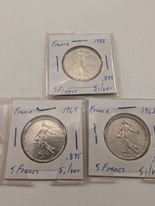France 5 Francs Silver Coins, 1962, 1964 & 1968 (Lot of 3)