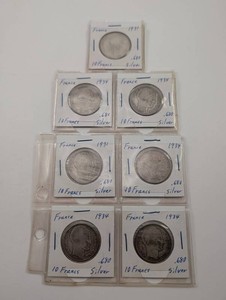 Lot of 7 French 10 Francs Silver Coins