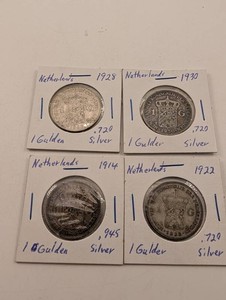 Netherlands 1 Gulden Silver Coins, 1914-1930 (Lot of 4)