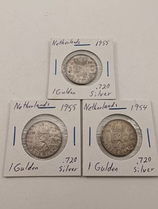 Netherlands 1 Gulden Silver Coins, 1954-1955 (Lot of 3)