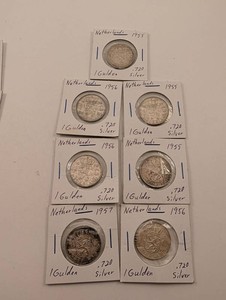 Lot of 7 Netherlands 1 Gulden .720 Silver Coins 1955-1957