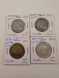 Netherlands 1 Gulden Silver Coins, Netherlands Antilles & East Indies (Lot of 4)