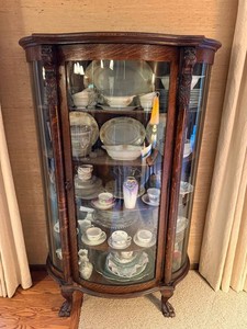 Display Cabinet - Vintage Carved Wood Curved Glass 41 X 15 X 64 in - contents NOT included