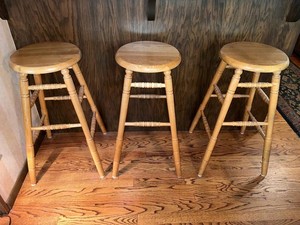 Oak Bar Stools - Matching Turned Wood Set (Lot of 3)