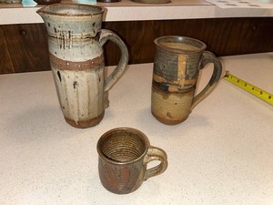 Stoneware Pottery Set - Pitcher & Mugs (Lot of 3)