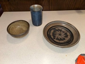 Studio Pottery Stoneware Bowl, Tumbler & Floral Plate (Lot of 3)