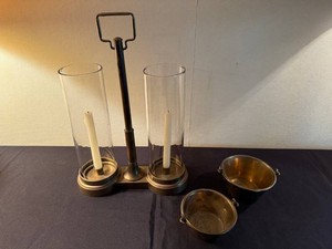Candle Holder Set - Vintage Double Hurricane Candelabra & 2 Bowls (Lot of 3)