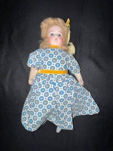 VTG Bisque Head Doll - Floral Dress With Gold Trim