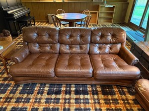 Leather Sofa - Brown Tufted Three-Seat Couch With Nailhead Trim - couch only