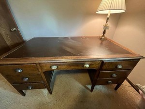 Oak Executive Writing Desk - 65in Multi-Drawer Office Desk - table lamp not included - drawer contents are included