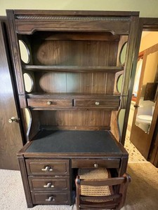 VTG MCM Writing Desk With Hutch & Cane Chair - Carved Wood