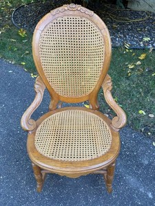 VTG Rocking Chair - Carved Wood Cane Seat & Back 38in H