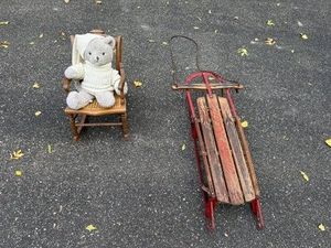 VTG Childs Rocking Chair, Flexible Flyer Sled & Teddy Bear Mixed Lot