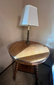 End Table With Lamp - Turned Wood Table and Square Shade