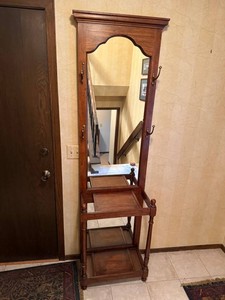 VTG Hall Tree - Wood Mirrored Entryway Stand With Hooks and Shelves
