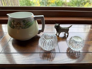 Decorative Home Decor Mixed Lot - Floral Pitcher, Cut Glass & Dog Figurine
