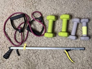 Exercise Equipment Mixed Lot - 4 Dumbbells, Tubes & Grabber