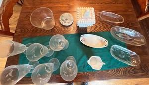 Signed Tillowitz Relish Dish, Prussia Creamer & Glassware & Porcelain Mixed Lot - Etched Glass, Floral China & Loon Coasters