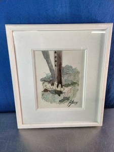 A singed framed, small-scale watercolor painting