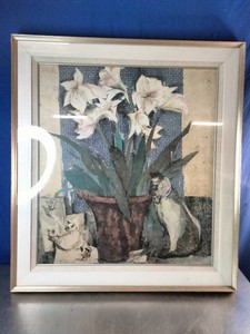 Lithograph print titled Amaryllis and Cat by Canadian artist Leonard Brooks