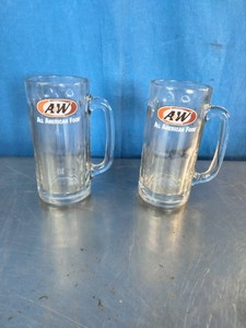 Two Large vintage heavy clear glass A&W Root Beer advertising mugs