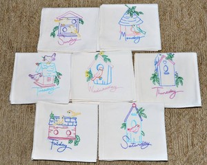 Vintage Hand-Embroidered Days of the Week Dish Towels  Complete Set of 7