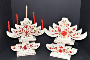 Hand-Painted Scandinavian Wooden Candelabras  Set of 4