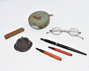 Assorted Antique & Vintage Collectibles  Measuring Tape, Eyeglasses, Dip Pens & Folding Ruler