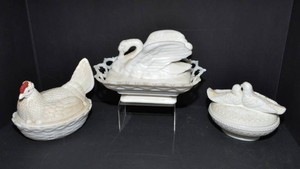 Vintage Glass Hen on Nest, Swan & Bird Covered Dishes  Set of Three