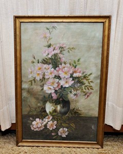 Antique Hand-Painted Floral Artwork  Framed