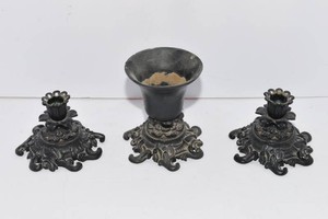 Heavy Cast Iron Candlesticks & Decorative Vase  Three Pieces