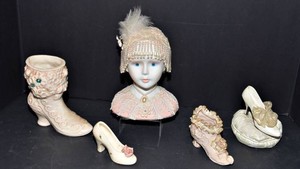 Vintage Flapper Doll Bust & Decorative Shoes Including Music Boxes
