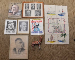 Vintage Political Memorabilia  Presidential Photographs, Democratic Flag & Donkey Figurine