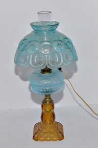 Vintage Blue & Amber Glass Electric Lamp  Converted Kerosene Lamp