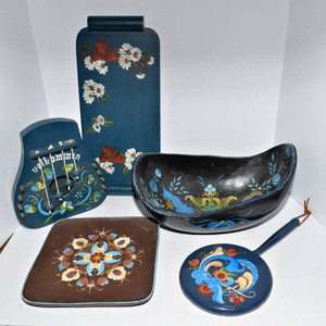 Hand-Painted Scandinavian Rosemaled Decorative Pieces  Set of Five