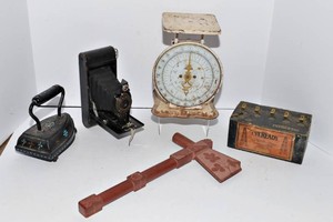 Vintage Household Collectibles  Iron, Scale, Camera & More