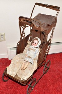 Antique Doll Buggy & Vintage Porcelain Doll