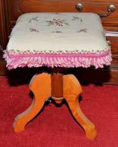Vintage Swivel Organ Stool with Cross-Stitch Seat Cushion