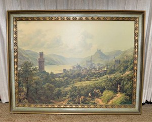 Large Framed German Landscape Print  Oberwesel am Rhein mit Burgruine Schnburg
