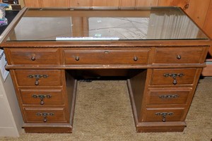 Vintage Wooden Desk with Glass Top  45.5 Wide
