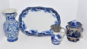 Vintage Blue & White Platter, Jar, Vase & Pitcher