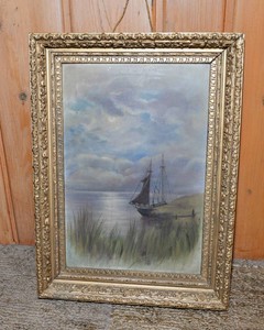 Antique Original Framed Painting with Picture Rail Hanging Rope