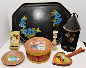 Hand-Painted Scandinavian Rosemaled Decorative Pieces  Set of Seven