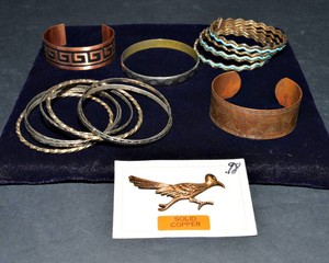 Vintage Copper & Metal Bangle Bracelets with Decorative Pin