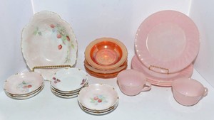 Vintage Strawberry Dinnerware, Pink Milk Glass & Carnival Glass Bowls