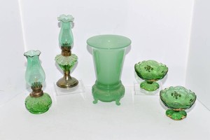 Vintage Green Glassware Including Jade Green Vase & Footed Stand