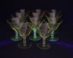 Vintage Yellow Uranium or Vaseline Glass Champagne Glasses  Set of Eleven