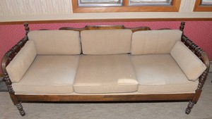 Vintage Three-Seat Spool-Turned Wooden Sofa with Cushions  71 Wide