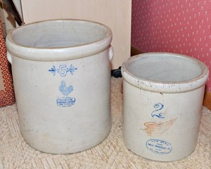 Antique Stoneware Crocks  Plymouth Fort Dodge & Red Wing Union  Set of Two