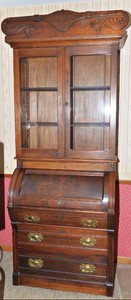 Antique Victorian Walnut & Burl Cylinder Roll-Top Secretary Desk with Bookcase